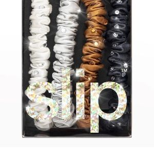 🎀 Slip Disco (4) silk hair ties with studs - White, Grey, Tan/Gold, Black